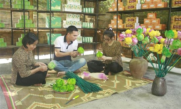 Làm hoa sen bằng giấy từ đài sen. (Ảnh: Thùy Dung/TTXVN) Làm hoa sen bằng giấy từ đài sen. (Ảnh: Thùy Dung/TTXVN)