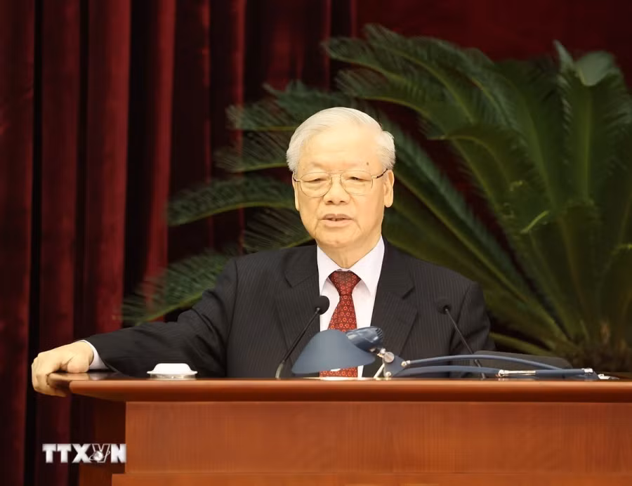 Tổng Bí thư Nguyễn Phú Trọng phát biểu bế mạc Hội nghị lần thứ tám Ban Chấp hành Trung ương Đảng Cộng sản Việt Nam khóa XIII tháng 10/2023. (Ảnh: Trí Dũng/TTXVN)