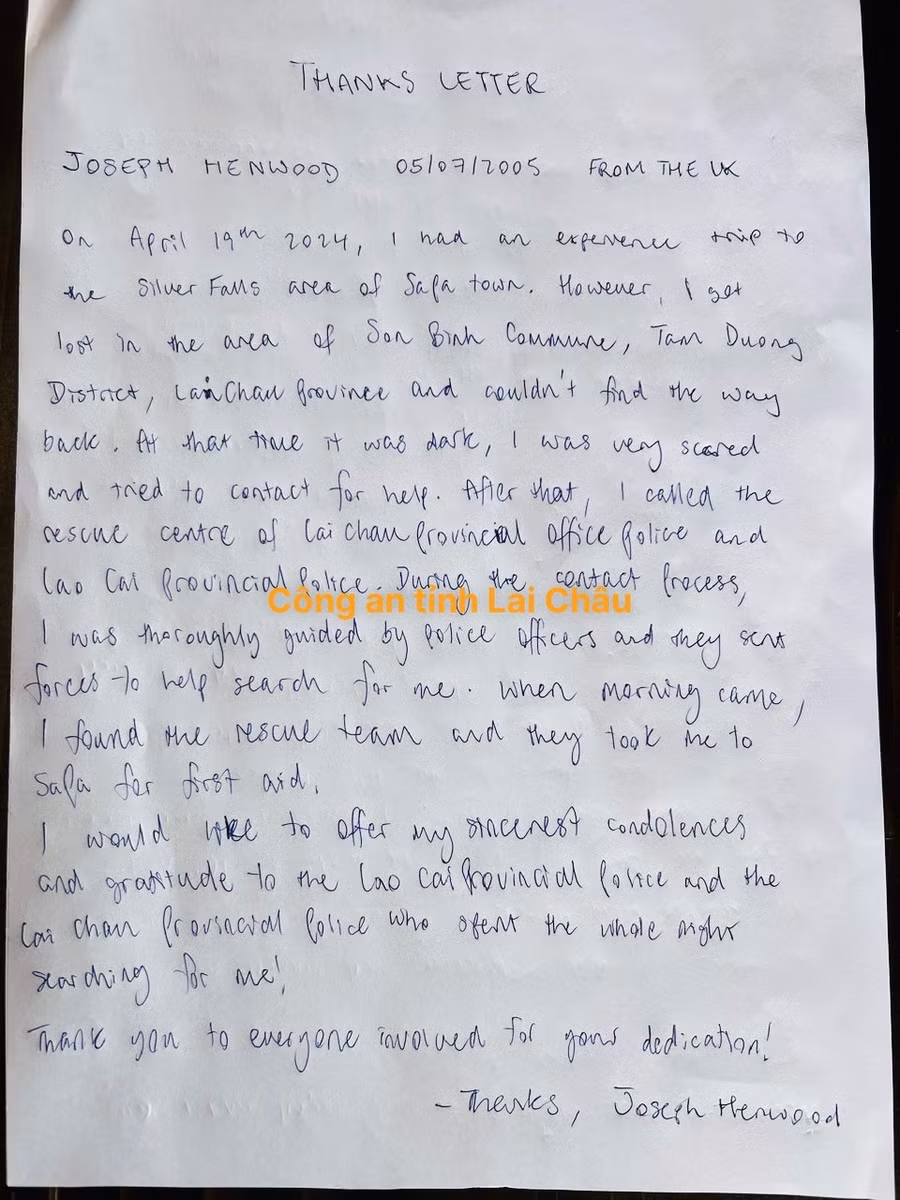 Bức thư cảm ơn của anh Thomas