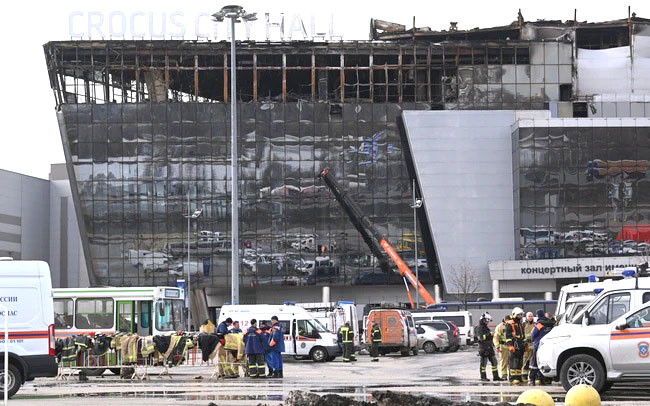 Nhà hát Crocus City Hall bị tấn công khủng bố ngày 22-3. Ảnh: AFP