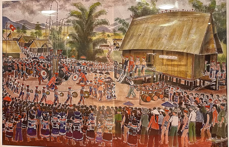 Tác phẩm "Hội đâm trâu" của họa sĩ Xu Man hiện đang được lưu giữ tại Bảo tàng Mỹ thuật Việt Nam. Ảnh chụp lại