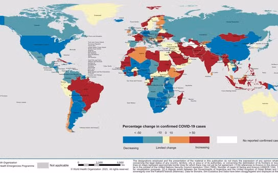 Bản đồ thể hiện sự thay đổi về tỉ lệ số ca mắc mới - Ảnh: WHO