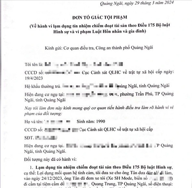 Đơn tố giác tội phạm chị N. gửi đến cơ quan công an. Ảnh: T.Trực