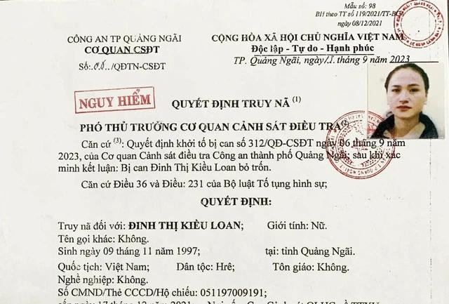 Quyết định truy nã Đinh Thị Kiều Loan của Cơ quan CSĐT Công an TP.Quảng Ngãi