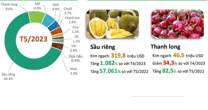 Xuất khẩu sầu riêng sang Trung Quốc tăng 10 lần trong 1 tháng - Ảnh 3. Cơ cấu rau quả xuất khẩu sang Trung Quốc tháng 5-2023 - Nguồn Viện Chính sách và Chiến lược phát triển nông nghiệp nông thôn (IPSARD)