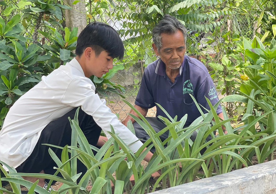 Em Nguyễn Đinh Tùng cùng ông ngoại chăm sóc khu vườn của gia đình. Ảnh: P.D