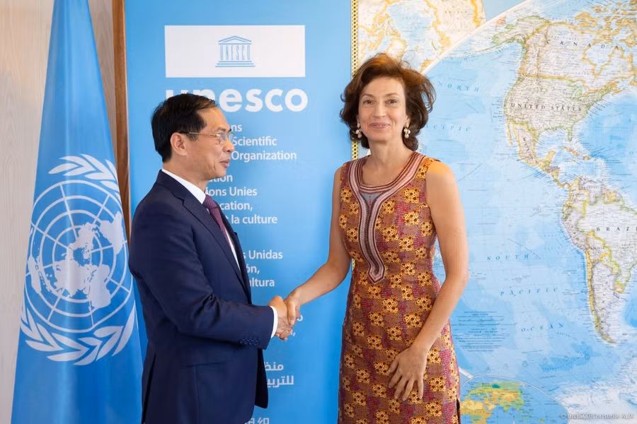 Bộ trưởng Ngoại giao Bùi Thanh Sơn gặp Tổng Giám đốc UNESCO Audrey Azoulay. Ảnh: UNESCO