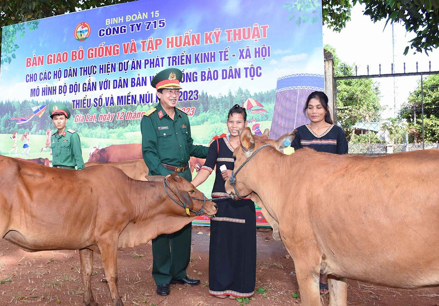 Đại tá Nguyễn Phúc Khính-Giám đốc Công ty 715 bàn giao bò giống cho hộ nghèo, cận nghèo là công nhân của đơn vị. Ảnh: Đ.Y Đại tá Nguyễn Phúc Khính-Giám đốc Công ty 715 bàn giao bò giống cho hộ nghèo, cận nghèo là công nhân của đơn vị. Ảnh: Đ.Y