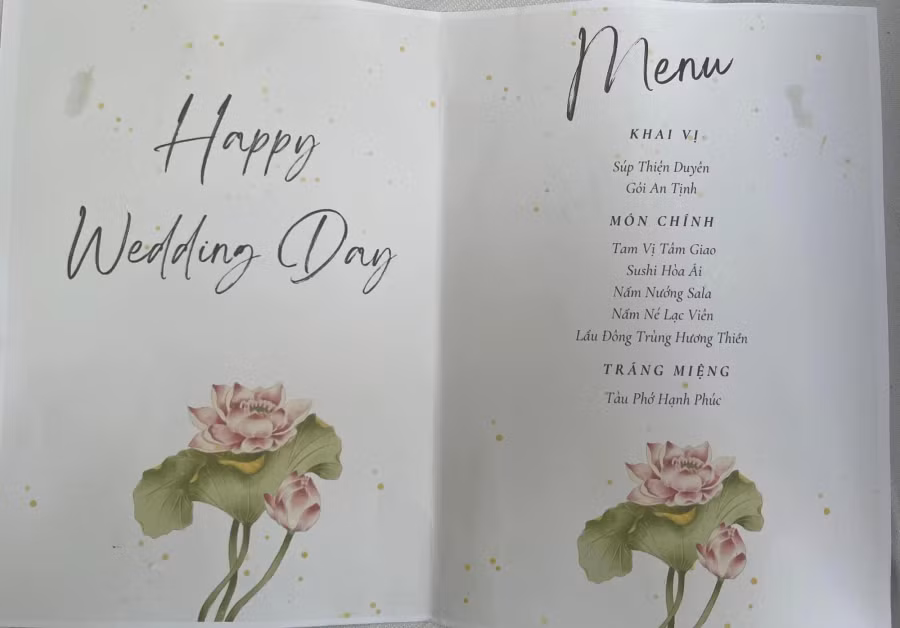 Thực đơn toàn món chay trong đám cưới của Nguyễn Quang Nhựt và Lê Hồng Quyên. Ảnh: NVCC