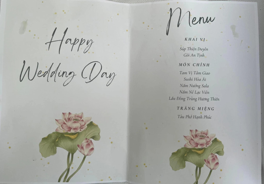 Thực đơn toàn món chay trong đám cưới của Nguyễn Quang Nhựt và Lê Hồng Quyên. Ảnh: NVCC Thực đơn toàn món chay trong đám cưới của Nguyễn Quang Nhựt và Lê Hồng Quyên. Ảnh: NVCC