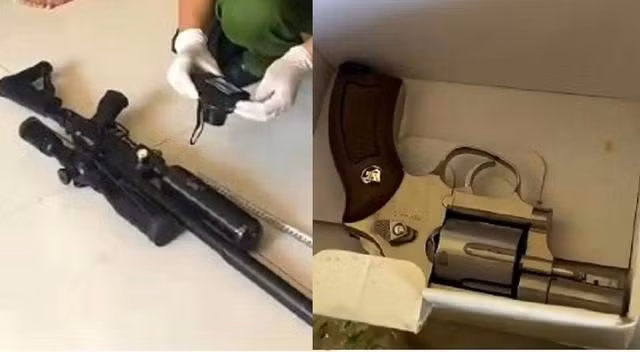 2 khẩu súng là tang vật Khải mua qua mạng xã hội. CÔNG AN CUNG CẤP