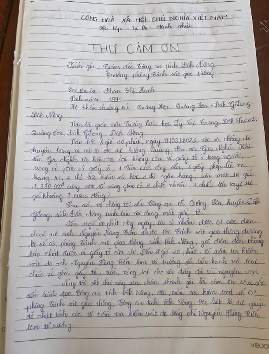 Tài sản của người bị đánh rơi và lá thư cảm ơn lực lượng coong an của chị Phan Thị Hạnh Tài sản của người bị đánh rơi và lá thư cảm ơn lực lượng coong an của chị Phan Thị Hạnh