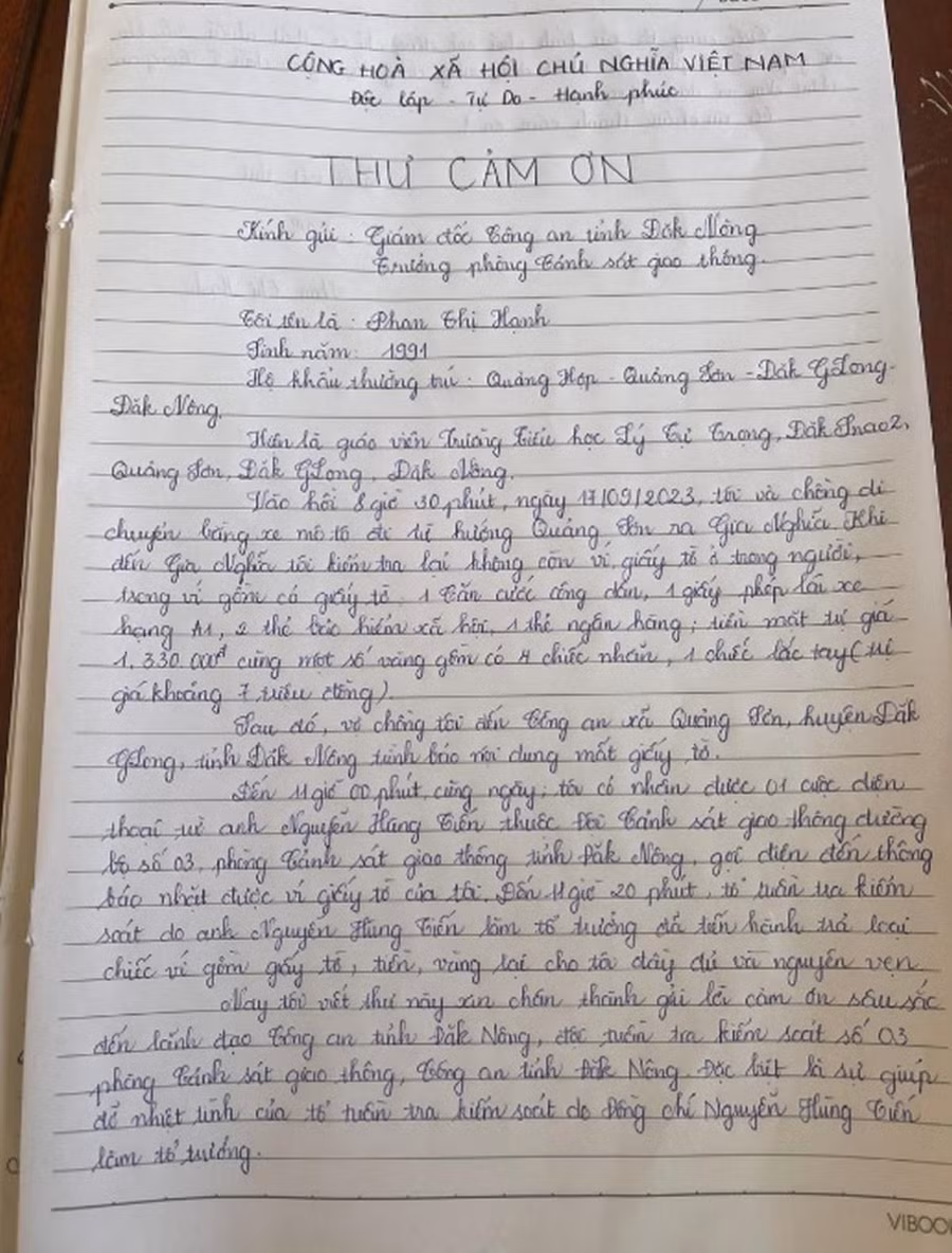 Tài sản của người bị đánh rơi và lá thư cảm ơn lực lượng coong an của chị Phan Thị Hạnh