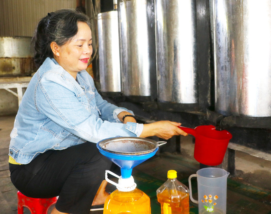 Mỗi năm, gia đình chị Đỗ Thị Thanh Vân (thôn Tân Hiệp, xã Tân An, huyện Đak Pơ) thu nhập 150-170 triệu đồng từ việc sản xuất, ép dầu đậu phộng. Ảnh: N.M Mỗi năm, gia đình chị Đỗ Thị Thanh Vân (thôn Tân Hiệp, xã Tân An, huyện Đak Pơ) thu nhập 150-170 triệu đồng từ việc sản xuất, ép dầu đậu phộng. Ảnh: N.M