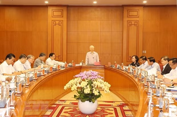 Tổng Bí thư Nguyễn Phú Trọng phát biểu chỉ đạo cuộc họp.(Ảnh: Trí Dũng/TTXVN)