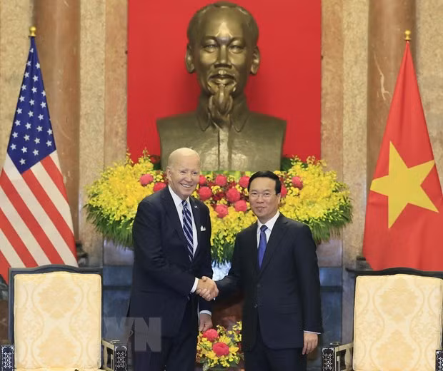 Chủ tịch nước Võ Văn Thưởng tiếp Tổng thống Hoa Kỳ Joe Biden. (Ảnh: Thống Nhất/TTXVN)