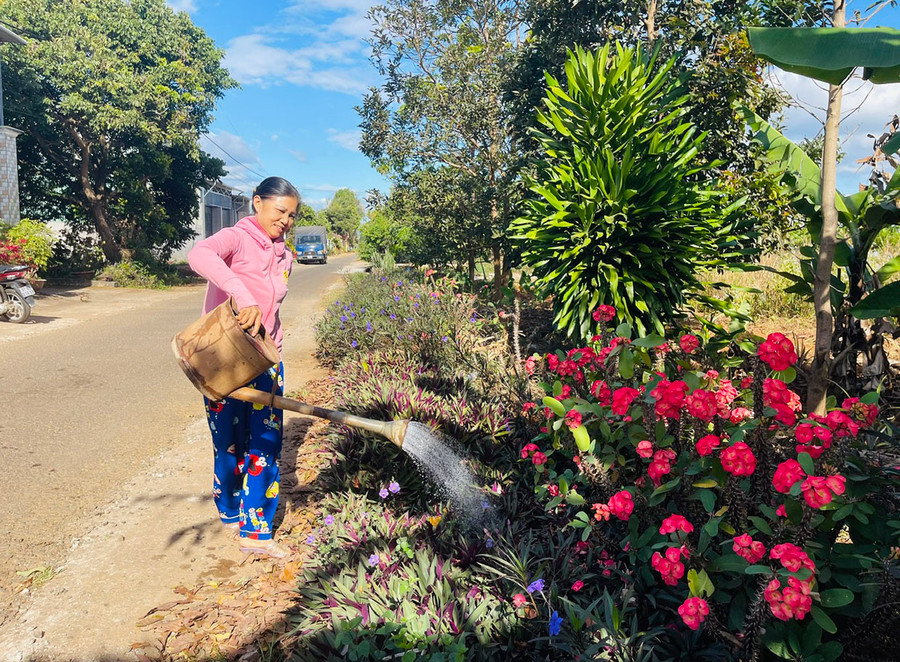 Bà Nguyễn Thị Dung (tổ 5) tự trồng và chăm sóc hoa trước nhà để tạo cảnh quan sạch đẹp. Ảnh: N.H Bà Nguyễn Thị Dung (tổ 5) tự trồng và chăm sóc hoa trước nhà để tạo cảnh quan sạch đẹp. Ảnh: N.H