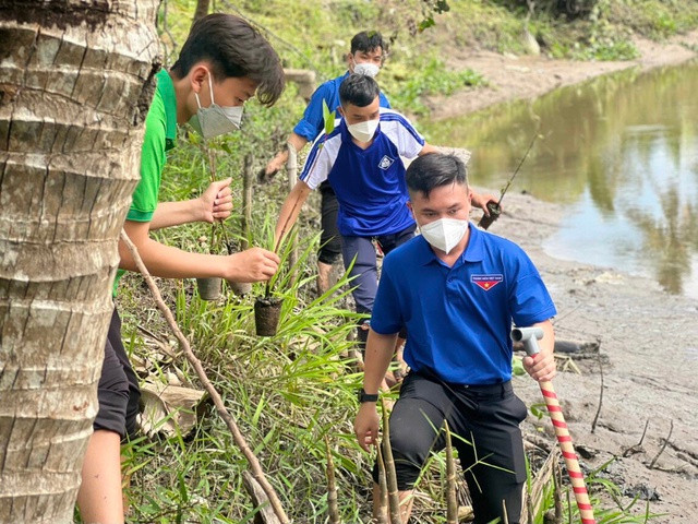 Nhân cùng các bạn trẻ trồng bần chống sạt lở tại xã Nhơn Nghĩa (H.Phong Điền, TP.Cần Thơ). Ảnh: THANH DUY