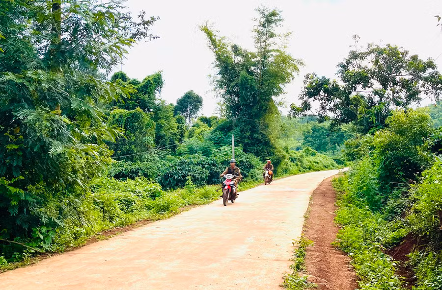 Tuyến đường liên thôn và đồng thời là đường đi ra khu sản xuất được bê tông đã giúp người dân làng Bla Trek và Ktăng (xã Kdang, huyện Đak Đoa) đi lại và vận chuyển nông sản thuận lợi hơn. Ảnh: H.T