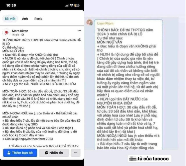Nội dung bài viết, tin nhắn đang lan truyền trên mạng xã hội được cho là đề cập đến đề các môn thi tốt nghiệp THPT 2024 sẽ diễn ra vào 2 ngày 27, 28.6. CHỤP MÀN HÌNH Nội dung bài viết, tin nhắn đang lan truyền trên mạng xã hội được cho là đề cập đến đề các môn thi tốt nghiệp THPT 2024 sẽ diễn ra vào 2 ngày 27, 28.6. CHỤP MÀN HÌNH