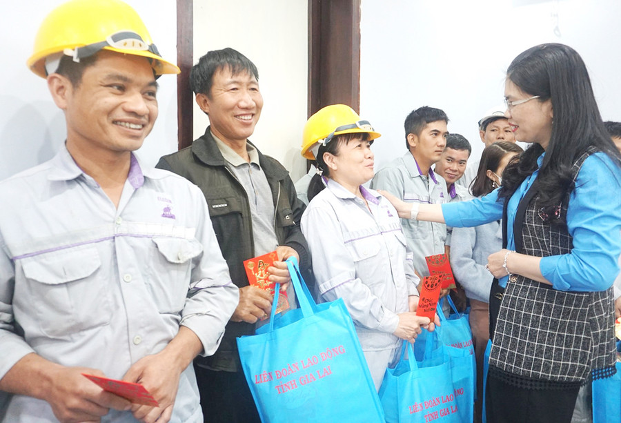 Chủ tịch LĐLĐ tỉnh Gia Lai Trần Lệ Nhung (bìa phải) thăm, tặng quà công nhân nhân Công ty TNHH Xi măng ELECEM. Ảnh: Đinh Yến Chủ tịch LĐLĐ tỉnh Gia Lai Trần Lệ Nhung (bìa phải) thăm, tặng quà công nhân nhân Công ty TNHH Xi măng ELECEM. Ảnh: Đinh Yến