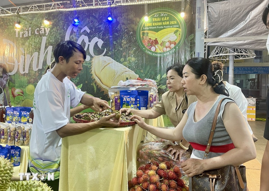 Du khách trong và ngoài tỉnh tham quan, mua sắm các đặc sản trái cây Long Khánh tại lễ hội. (Ảnh: Lê Xuân/TTXVN)