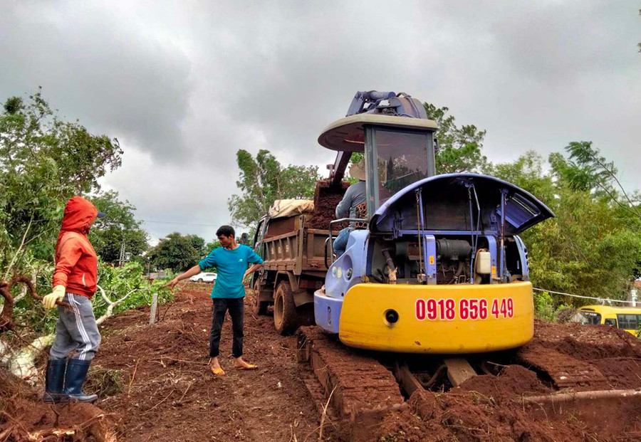 Người và máy móc do ông Bùi Lục Thạch chủ Công ty Cổ phần Tư vấn đầu tư và Xây dựng Anh Kiệt thuê vào hủy hoại hàng loạt cây xanh của gia đình ông Đí, ở làng Ốp, phường Hoa Lư, TP. Pleiku. Ảnh: Hoàng Minh