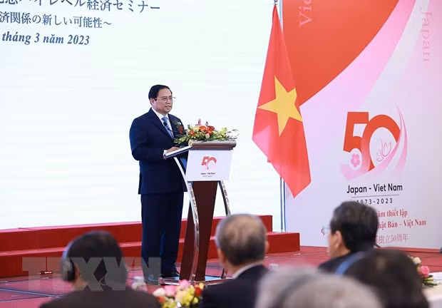 Thủ tướng Phạm Minh Chính phát biểu tại hội thảo kinh tế cấp cao Việt Nam-Nhật Bản. (Ảnh: Dương Giang/Vietnam+)