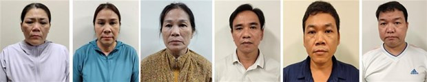 Các bị can Nguyễn Thị Hóa, Nguyễn Thị Gái (từ trái qua) cùng một số bị can bị khởi tố. (Nguồn: Bộ Công an)