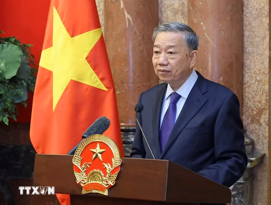 Chủ tịch nước Tô Lâm phát biểu tại buổi gặp mặt. (Ảnh: Nhan Sáng/TTXVN)