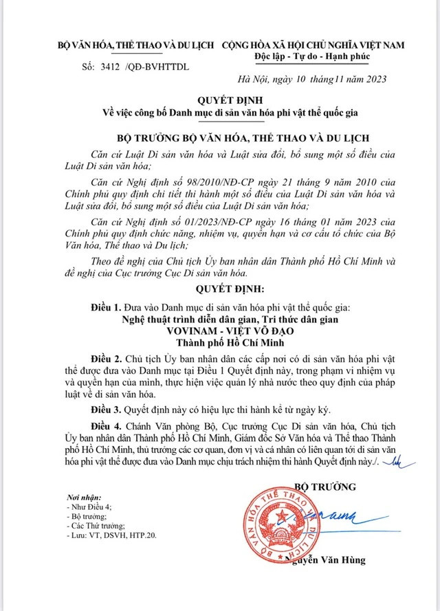 Vovinam được đưa vào danh mục di sản văn hóa phi vật thể quốc gia Vovinam được đưa vào danh mục di sản văn hóa phi vật thể quốc gia