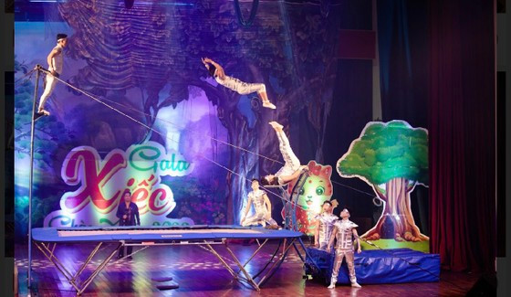 Tiết mục nhào lộn lưới bật. Ảnh: TUẤN GIANG Tiết mục nhào lộn lưới bật. Ảnh: TUẤN GIANG