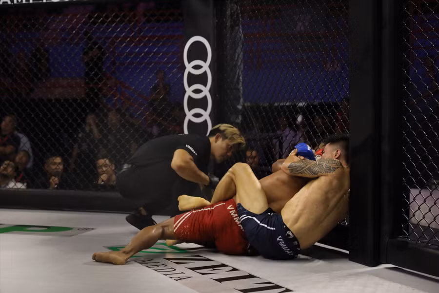 Phạm Văn Nam (xanh) giành chiến thắng bằng kĩ thuật siết cổ. Ảnh: MMA