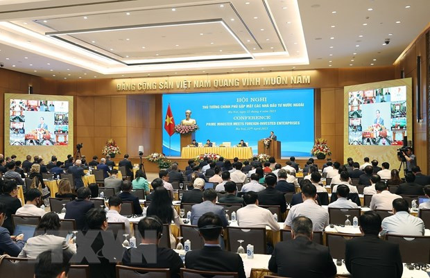 Quang cảnh Hội nghị Thủ tướng Chính phủ gặp mặt các nhà đầu tư nước ngoài diễn ra hồi tháng 4/2023. (Ảnh: Dương Giang/TTXVN)