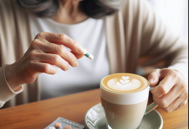 Uống cà phê tốt cho sức khỏe, nhưng uống chung với thuốc thường không phải là ý hay - Minh họa AI: Anh Thư