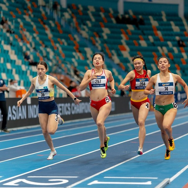 Nguyễn Thị Huyền mạnh mẽ trên đường chạy 400 m tại giải điền kinh trong nhà châu Á 2023. Ảnh: AIAC