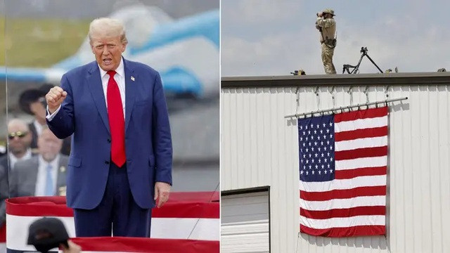Ảnh bên trái: Cựu Tổng thống Donald Trump vận động tranh cử ở Bắc Carolina sau lớp kính chống đạn. Ảnh bên phải: Tay súng bắn tỉa đang theo dõi sự kiện. Ảnh: Reuters Ảnh bên trái: Cựu Tổng thống Donald Trump vận động tranh cử ở Bắc Carolina sau lớp kính chống đạn. Ảnh bên phải: Tay súng bắn tỉa đang theo dõi sự kiện. Ảnh: Reuters