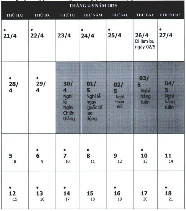 Phương án hoán đổi để nghỉ lễ Chiến thắng 30/4 và ngày Quốc tế lao động 1/5 của năm 2025. Phương án hoán đổi để nghỉ lễ Chiến thắng 30/4 và ngày Quốc tế lao động 1/5 của năm 2025.