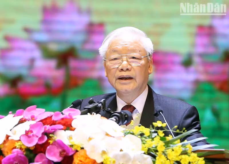 Tổng Bí thư Nguyễn Phú Trọng phát biểu tại lễ kỷ niệm. (Ảnh: VIẾT CHUNG - ĐĂNG ANH/Nguồn NDO)