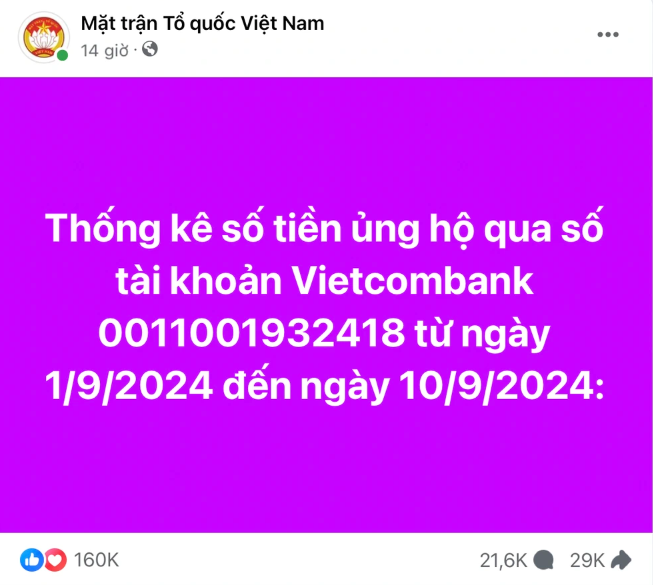 Trang fanpage trên Facebook của Mặt trận Tổ quốc Việt Nam công khai danh sách tổ chức, cá nhân ủng hộ đồng bào vùng bão lũ. Trang fanpage trên Facebook của Mặt trận Tổ quốc Việt Nam công khai danh sách tổ chức, cá nhân ủng hộ đồng bào vùng bão lũ.