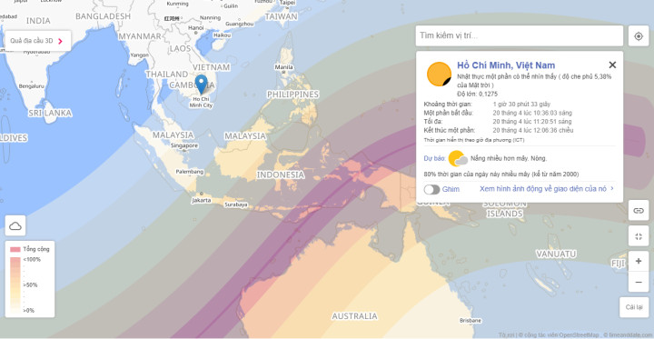 Nhật thực tại TP.HCM trông như Mặt Trăng &quot;cắn mẻ&quot; một chút Mặt Trời. (Ảnh: TIME AND DATE)