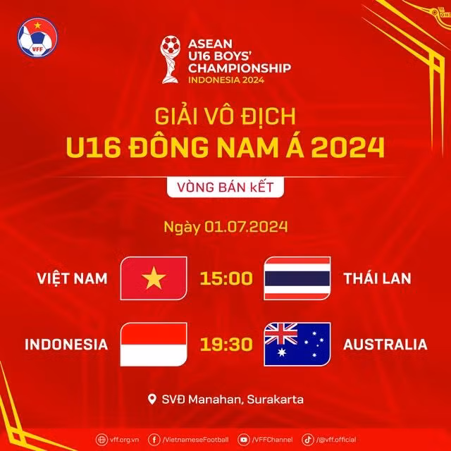 Lịch thi đấu bán kết U.16 Đông Nam Á