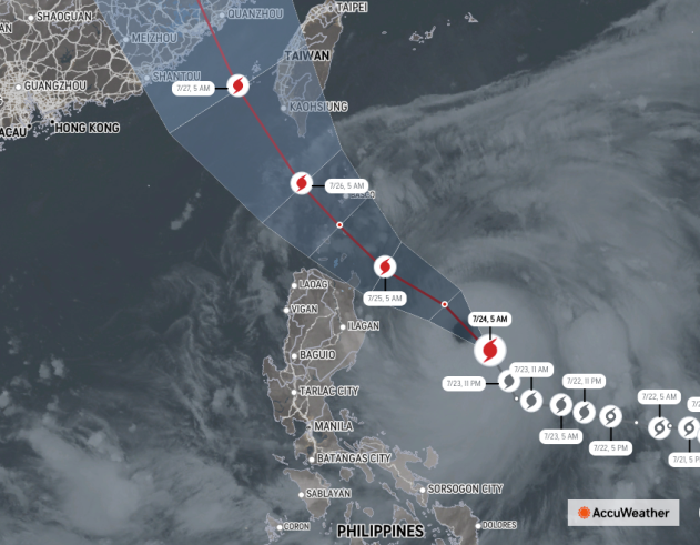 Dự báo đường đi của bão Doksuri sáng 25.7. Ảnh: AccuWeather Dự báo đường đi của bão Doksuri sáng 25.7. Ảnh: AccuWeather