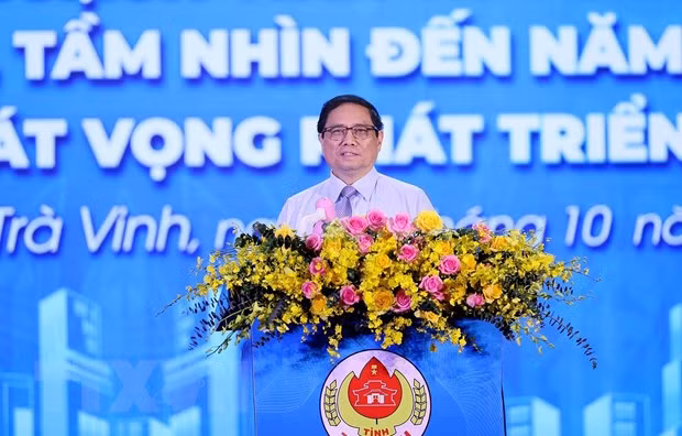 Thủ tướng Phạm Minh Chính phát biểu tại Hội nghị Công bố Quy hoạch tỉnh Trà Vinh. (Ảnh: Dương Giang/TTXVN)