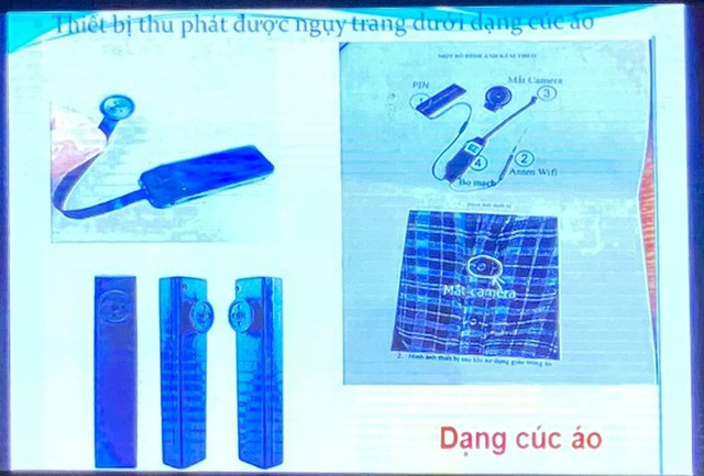 Thiết bị gian lận công nghệ cao được ngụy trang qua cúc áo được gắn bí mật trên người. Ảnh: HÀ ÁNH