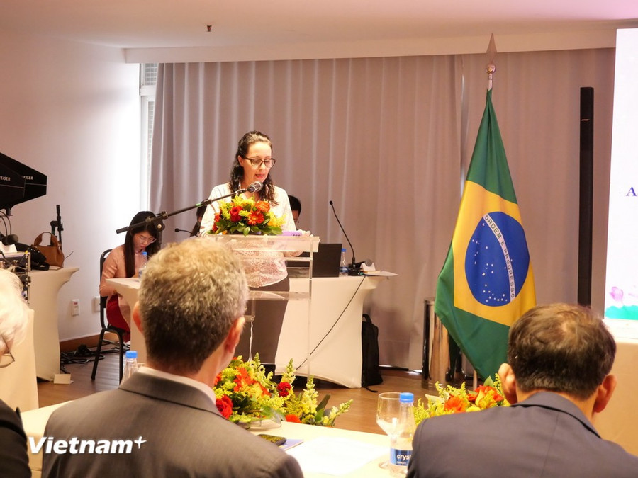 Trưởng ban Đối ngoại Đảng Cộng sản Brazil, Ana Prestes, phát biểu tại hội thảo. (Ảnh: Diệu Hương/Vietnam+)