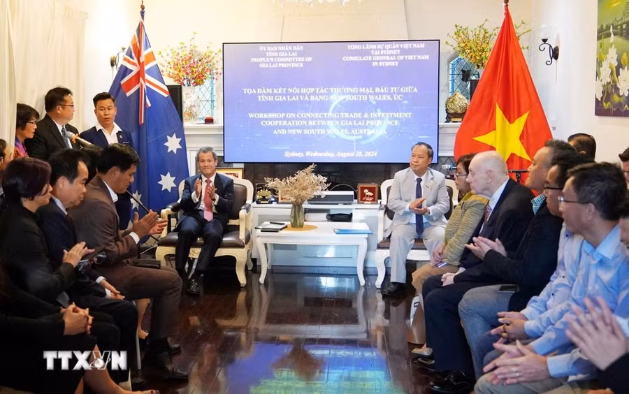 Diễn đàn kết nối hợp tác thương mại và đầu tư giữa tỉnh Gia Lai của Việt Nam với bang New South Wales của Australia. (Ảnh: Lê Đạt/TTXVN) Diễn đàn kết nối hợp tác thương mại và đầu tư giữa tỉnh Gia Lai của Việt Nam với bang New South Wales của Australia. (Ảnh: Lê Đạt/TTXVN)