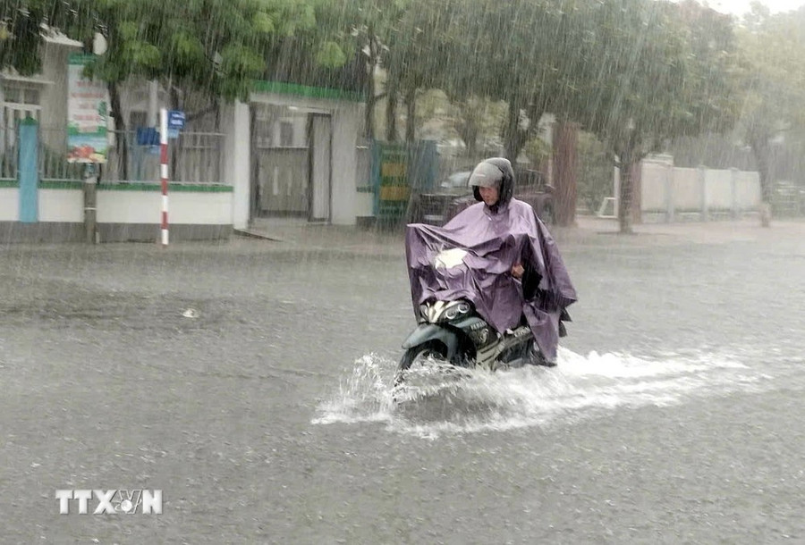 Tuyến đường ở thành phố Tam Kỳ bị ngập nước khiến người và phương tiện lưu thông rất khó khăn. (Ảnh: Trịnh Bang Nhiệm/TTXVN) Tuyến đường ở thành phố Tam Kỳ bị ngập nước khiến người và phương tiện lưu thông rất khó khăn. (Ảnh: Trịnh Bang Nhiệm/TTXVN)