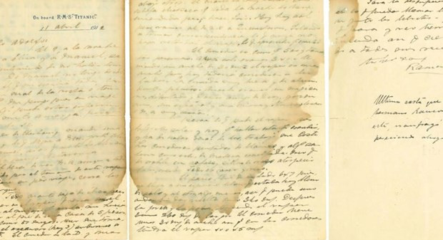Bức thư của doanh nhân người Uruguay tên là Ramon Artagaveytia Gomez trên tàu Titanic được bán đấu giá với mức khởi điểm 12.000 USD (Nguồn: AFP) Bức thư của doanh nhân người Uruguay tên là Ramon Artagaveytia Gomez trên tàu Titanic được bán đấu giá với mức khởi điểm 12.000 USD (Nguồn: AFP)