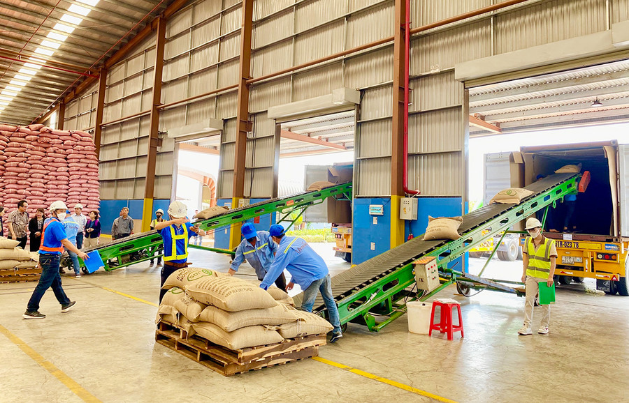 Công nhân Công ty TNHH Vĩnh Hiệp vận chuyển hàng hóa phục vụ cho xuất khẩu. Ảnh: Hà Duy Công nhân Công ty TNHH Vĩnh Hiệp vận chuyển hàng hóa phục vụ cho xuất khẩu. Ảnh: Hà Duy